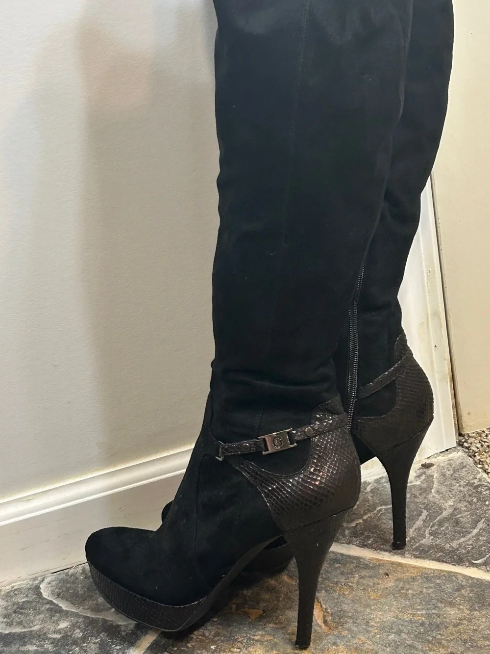 Guess Black Suede Over-the-Knee Platform Stiletto Boots with Textured Heel